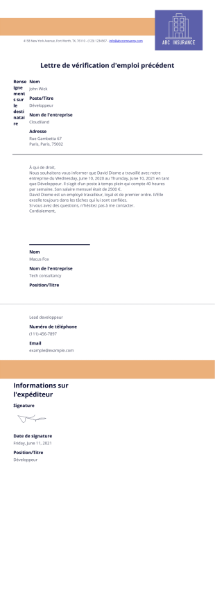 Lettre de vérification d'emploi précédent - PDF Templates