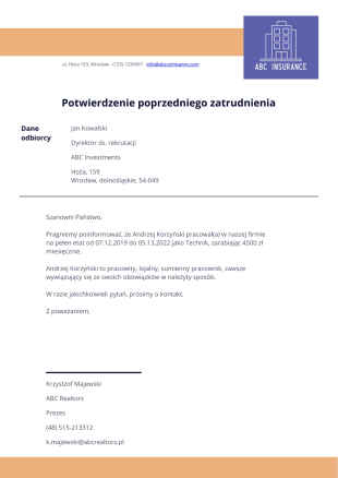 List Potwierdzający Poprzednie Zatrudnienie - PDF Templates