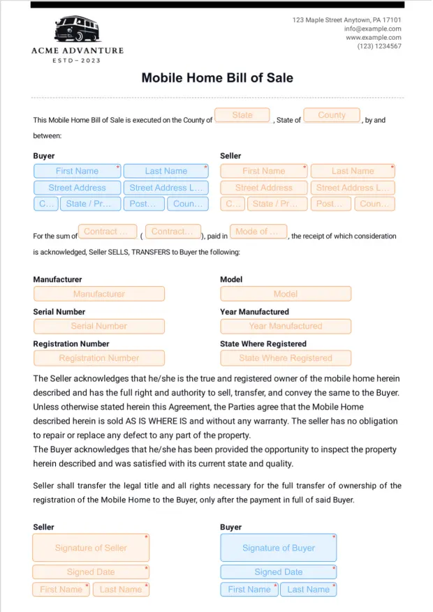 Mobile Home Bill of Sale