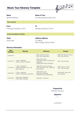 Music Tour Itinerary Template - PDF Templates