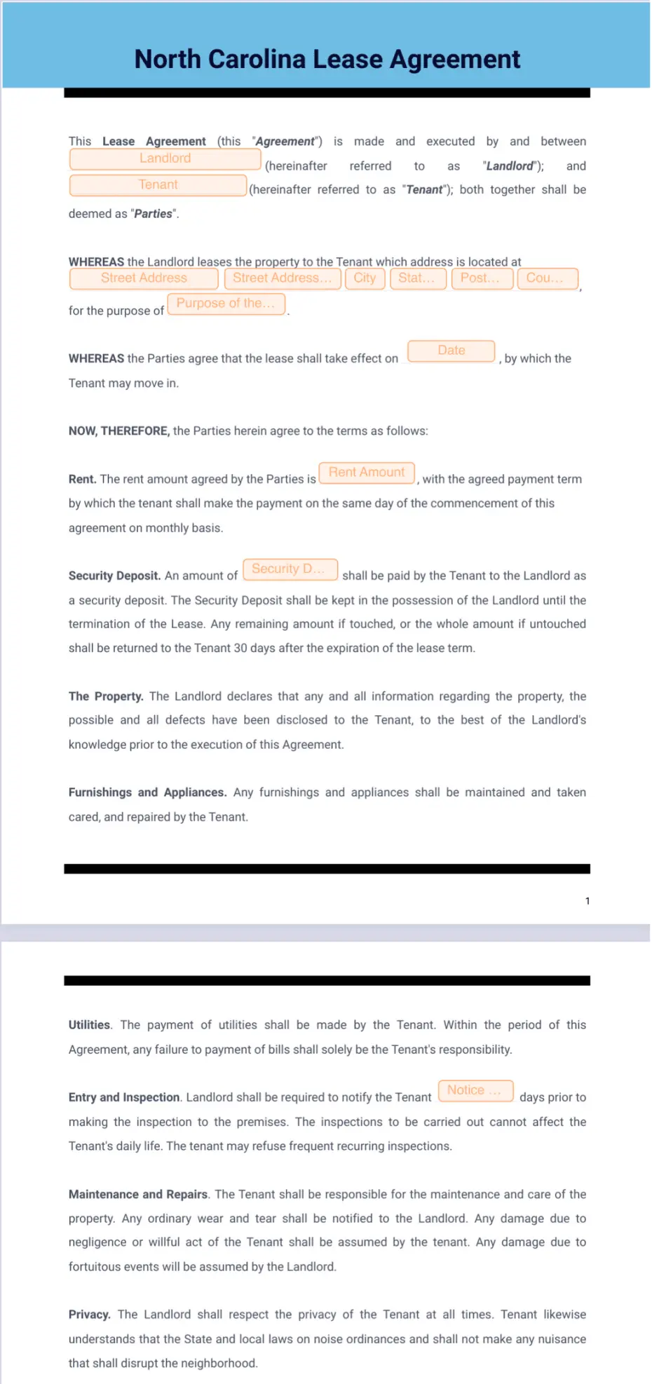 NC Lease Agreement - Sign Templates | Jotform