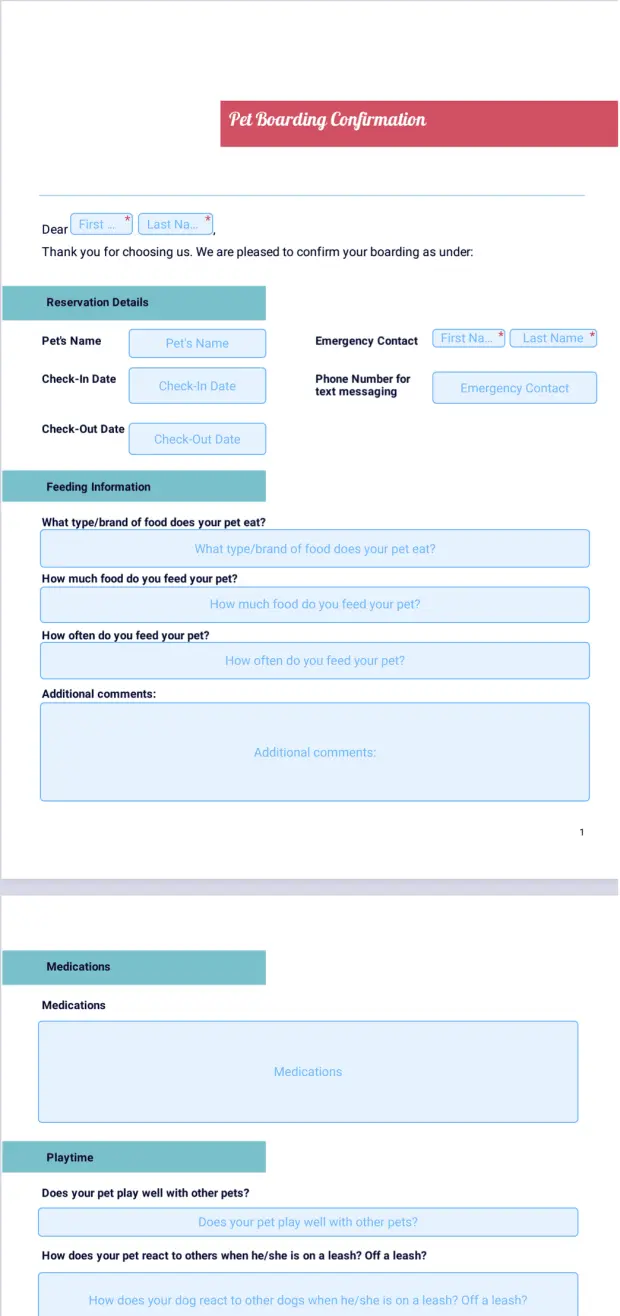 Pet Boarding Confirmation Letter