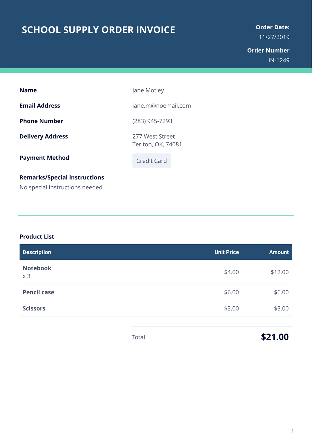 School Supply Order Invoice Template Pdf Templates Jotform