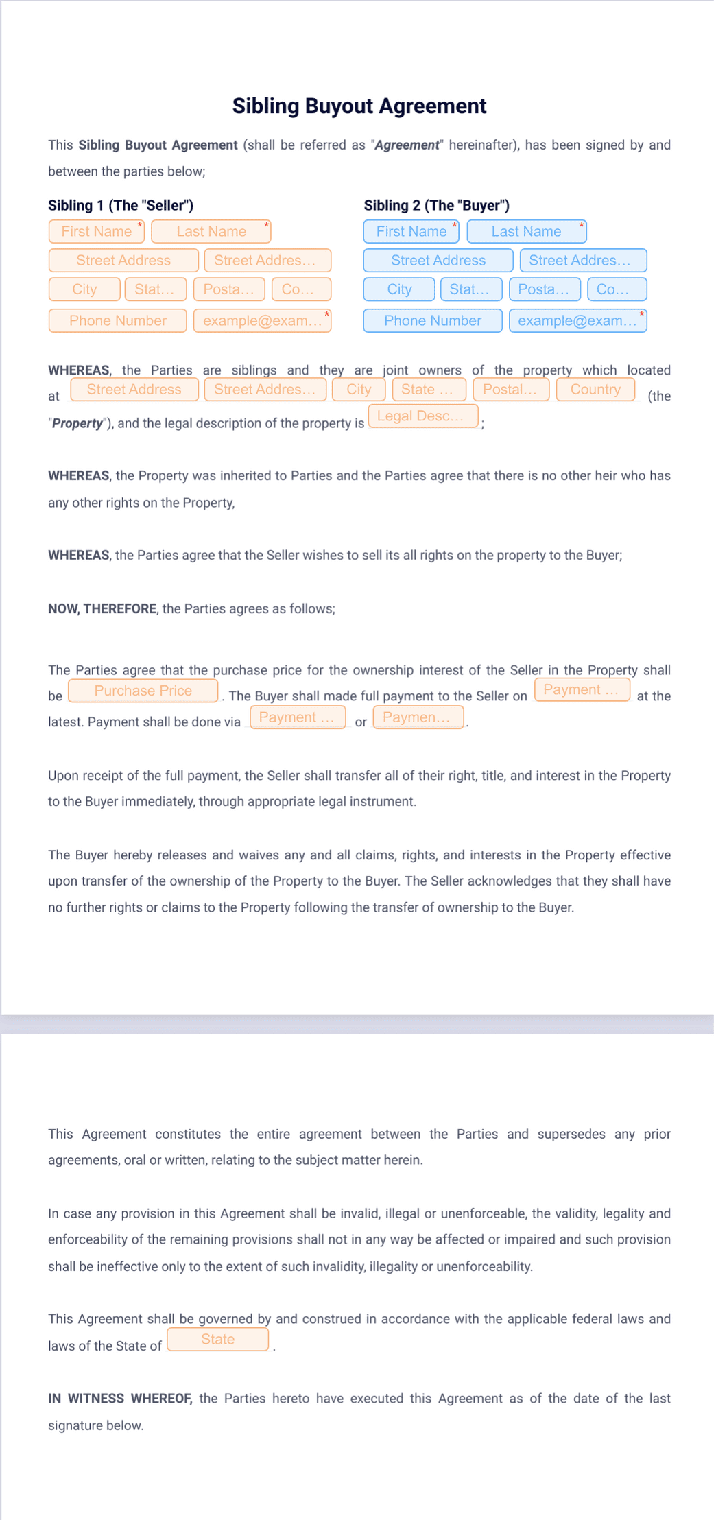 Sibling Buyout Agreement Form - PDF Templates | Jotform