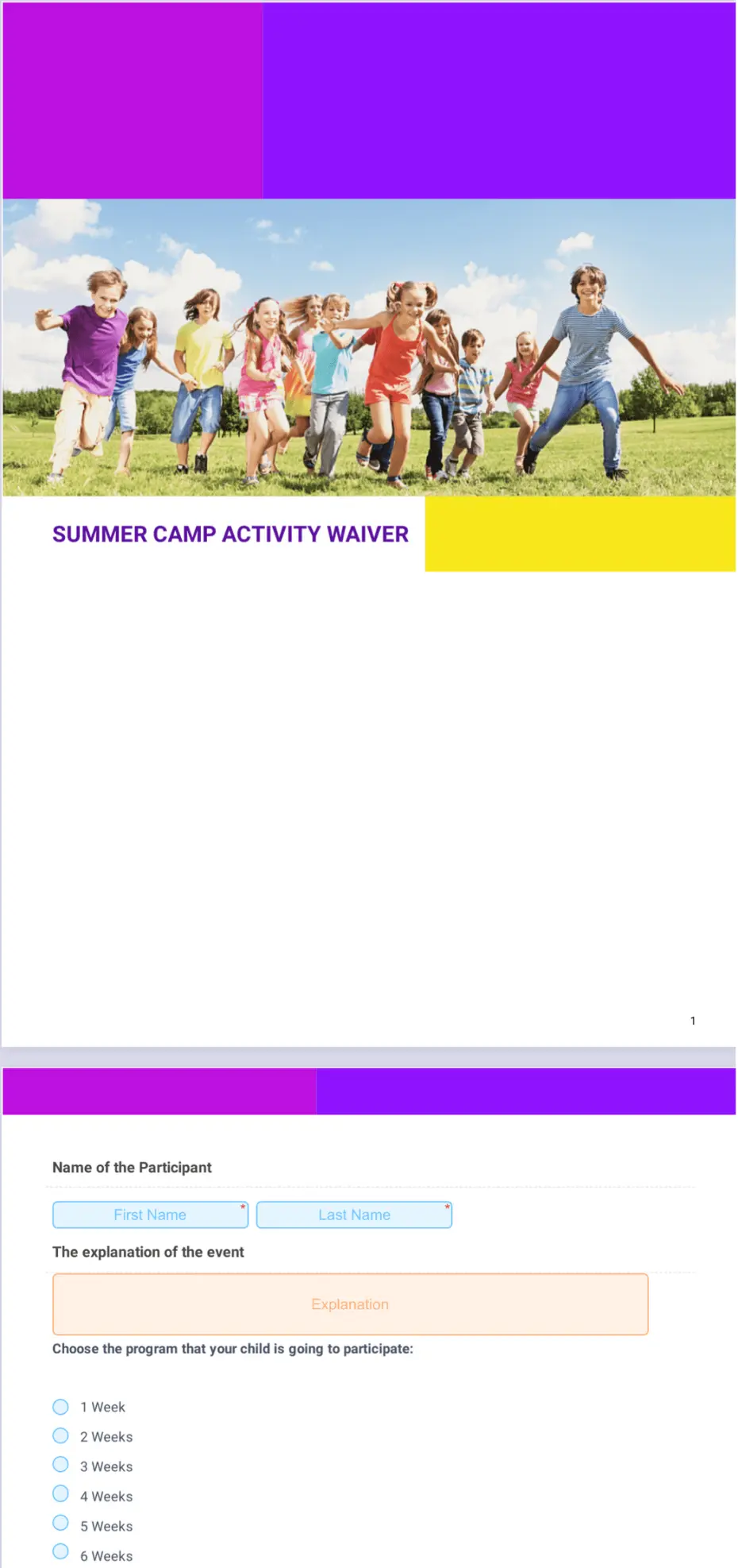 Summer Camp Activity Waiver Template