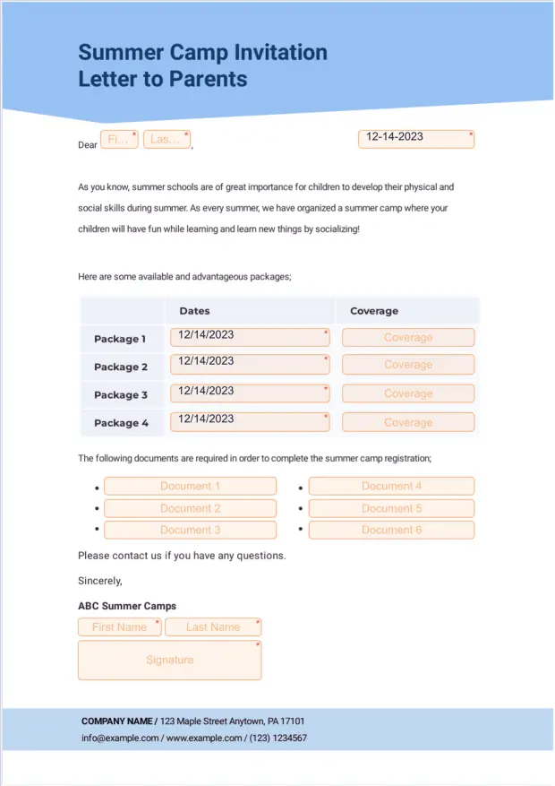 Summer Camp Letter to Parents Template