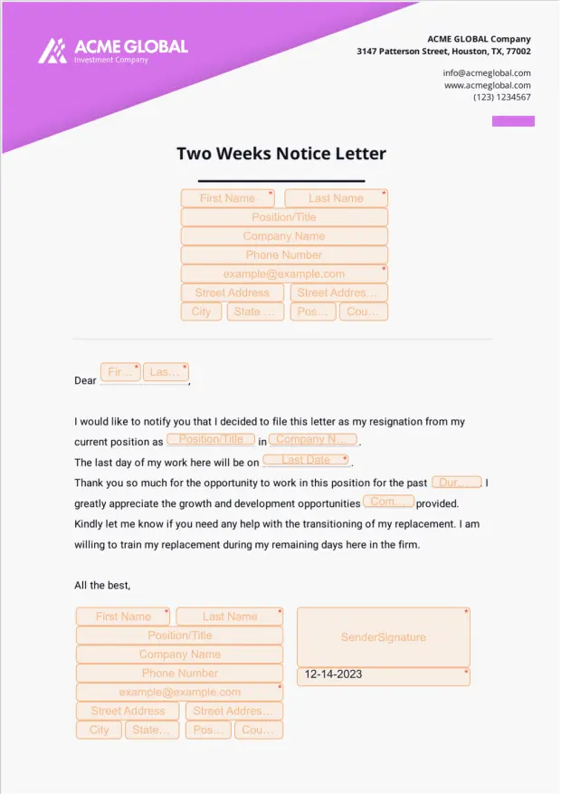 Two Weeks Notice Letter