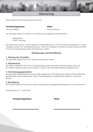 Vorlage für einen einfachen einseitigen Mietvertrag - PDF Templates
